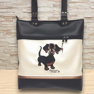 Szegecselt fülű nagyméretű City válltáska-Fekete pezsgő fekete tacskó kutyával