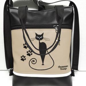 Szettben olcsóbb! Hímzett cicás tappancsos 4in1 hátizsák szett univerzális táska neszivel fekete-drapp