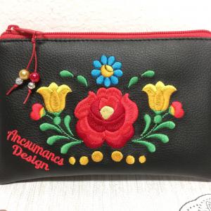 Szettben olcsóbb! Hímzett kalocsai virágos 30x30-as pakolós táska szett fekete HungarianFolkart05 neszivel