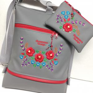 Szettben olcsóbban! Hímzett 3in1 Hungarian Folkart15 táska szett hátizsák neszivel szürke alap színes hímzéssel