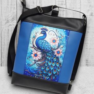 Színes páva paneles hátsó zsebes 3in1 textilbőr hátizsák oldaltáska fekete-kék