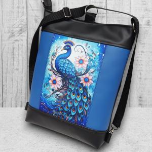 Színes páva paneles hátsó zsebes 3in1 textilbőr hátizsák oldaltáska fekete-kék