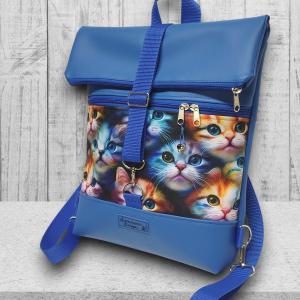 Szivárvány cicák kék alapon - Roll Up Maxi dupla pántos hátizsák sok zsebbel