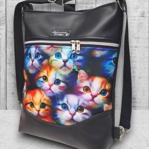 Szivárvány cicák Mosolyvonalas 3in1 textilbőr hátizsák oldaltáska Fekete alapon