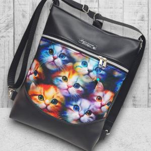 Szivárvány cicák Mosolyvonalas 3in1 textilbőr hátizsák oldaltáska Fekete alapon