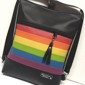 Szivárvány fekete alapon szegecselt bojtocskával 3in1 női hátizsák oldaltáska univerzális táska