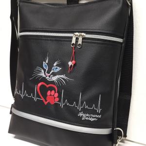 Szívdobogás 3in1 női hátizsák oldaltáska neves pénztárcával EKG szív cica