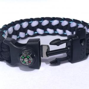 Taktikai túlélő paracord karkötő 3 funkciós csattal DRAGON EYE fekete-fehér-kék(csuklóméret 19cm)