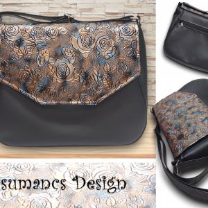 TERESA Fedélrészes oldaltáska Fekete alap metál rózsás fedélrésszel