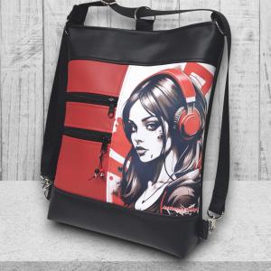 Vagány csajos 3in1 textilbőr hátizsák oldaltáska felemás fekete-piros Lány fülhallgatóval