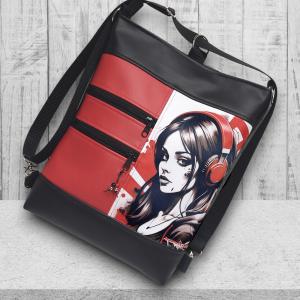 Vagány csajos 3in1 textilbőr hátizsák oldaltáska felemás fekete-piros Lány fülhallgatóval