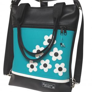 Virágeső fekete türkiz alapon 4in1 textilbőr hátizsák univerzális táska