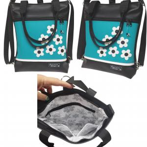 Virágeső fekete türkiz alapon 4in1 textilbőr hátizsák univerzális táska
