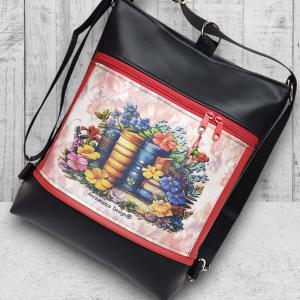 Virágzó könyvek 3in1 textilbőr hátizsák oldaltáska fekete-piros