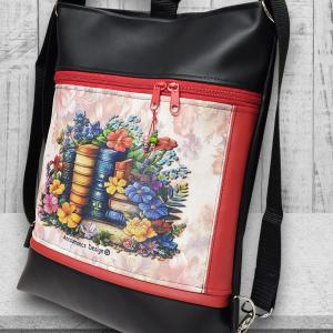 Virágzó könyvek 3in1 textilbőr hátizsák oldaltáska fekete-piros