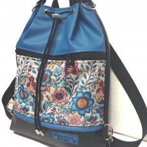 Zsinóros 3in1 hátizsák univerzális táska - Virágok kék fekete alapon