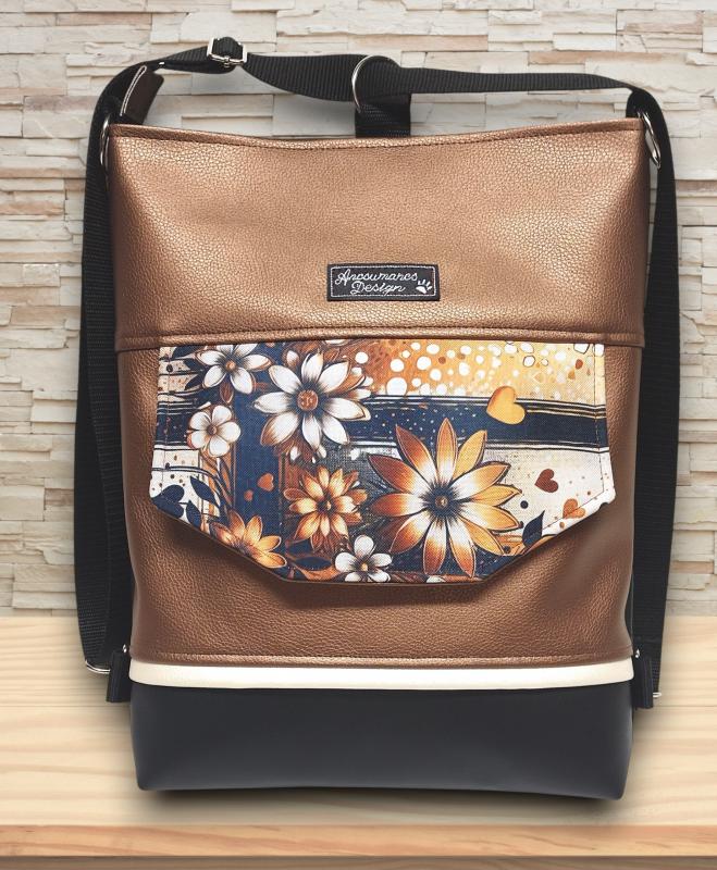 Fantasy virágok EMILI 3 funkciós hátizsák oldaltáska Fekete-bronz barna