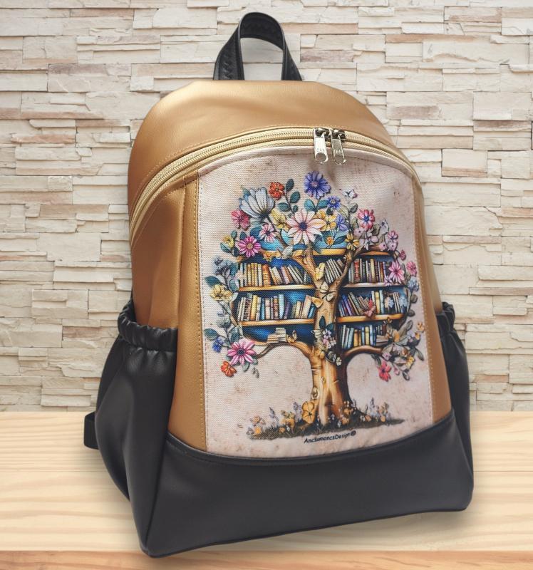 Fantasy Virágzó könyves fa - Palacktartós MAXIM BackPack L hátizsák Fekete-óarany