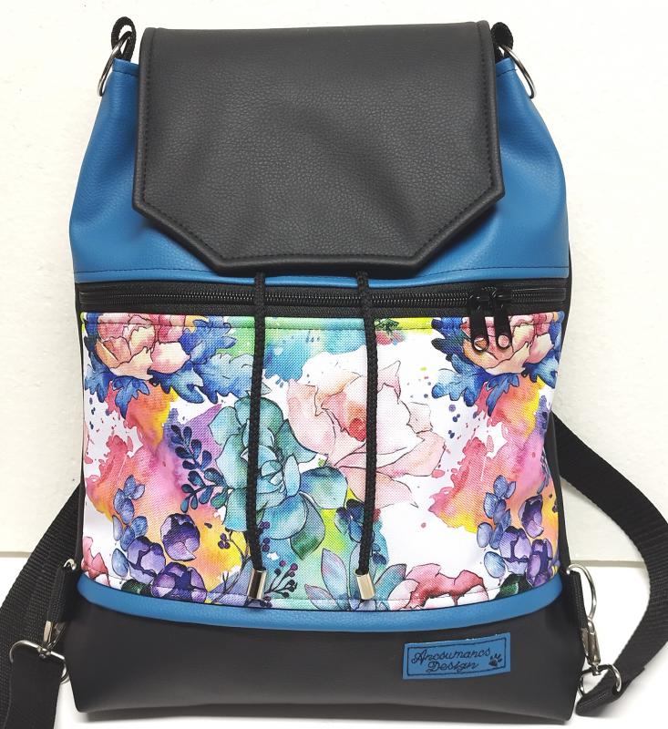 Fedélrészes zsinóros 3in1 hátizsák univerzális táska - Aquarell virágok kék fekete alapon
