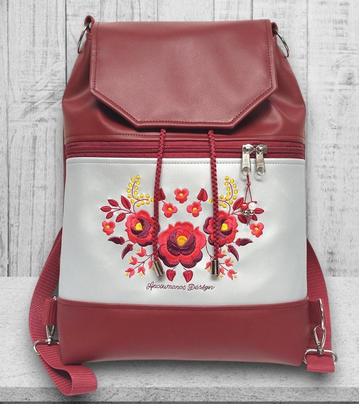 Fedélrészes zsinóros 3in1 hátizsák univerzális táska Burgundy-ezüst - Hímzett Hungarian Folkart12b