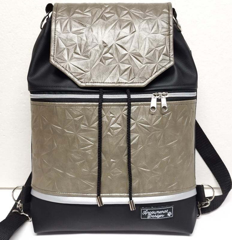 Fedélrészes zsinóros 3in1 hátizsák univerzális táska - Diamant Platina fekete