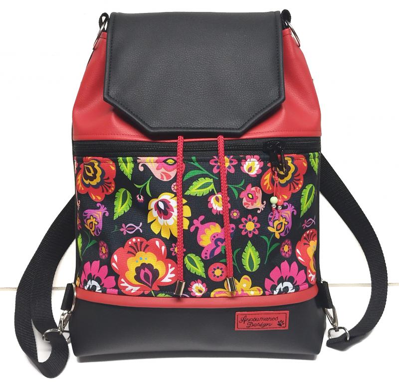 Fedélrészes zsinóros 3in1 hátizsák univerzális táska - Folk virágok pios fekete alapon