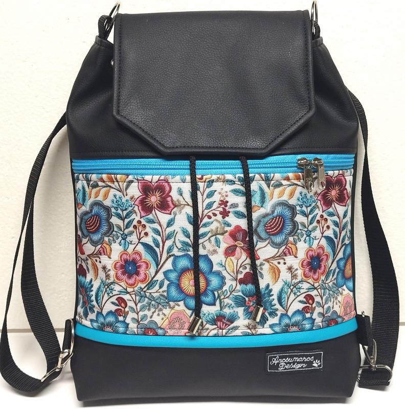 Fedélrészes zsinóros 3in1 hátizsák univerzális táska - Folk virágok türkiz fekete alapon