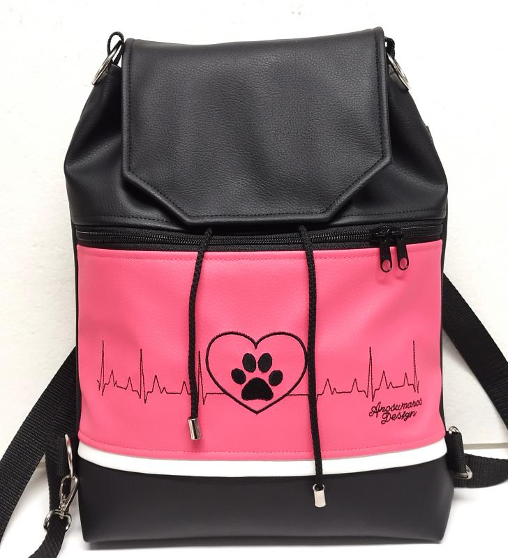 Fedélrészes zsinóros 3in1 hátizsák univerzális táska - Hímzett EKG szív tappancs pink-fekete