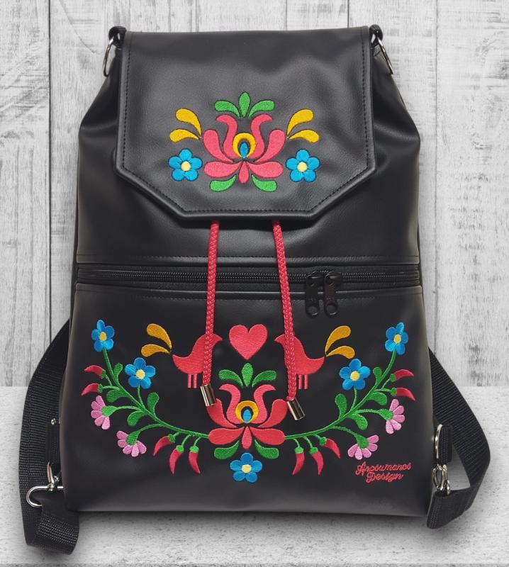 Fedélrészes zsinóros 3in1 hátizsák univerzális táska - Hímzett Hungarian Folkart23