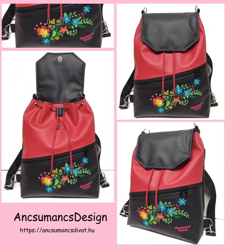 Fedélrészes zsinóros 3in1 hátizsák univerzális táska - Hímzett HungarianFolkart19 fekete-piros