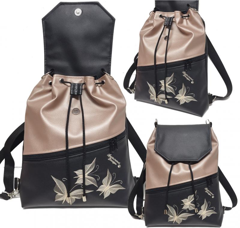 Fedélrészes zsinóros 3in1 hátizsák univerzális táska - Hímzett pillangók fekete-gyöngyházpúder