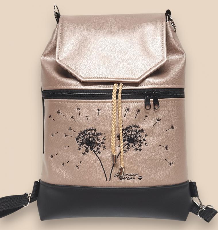 Fedélrészes zsinóros 3in1 hátizsák univerzális táska - Hímzett pitypangok Fekete-gyöngyházpúder