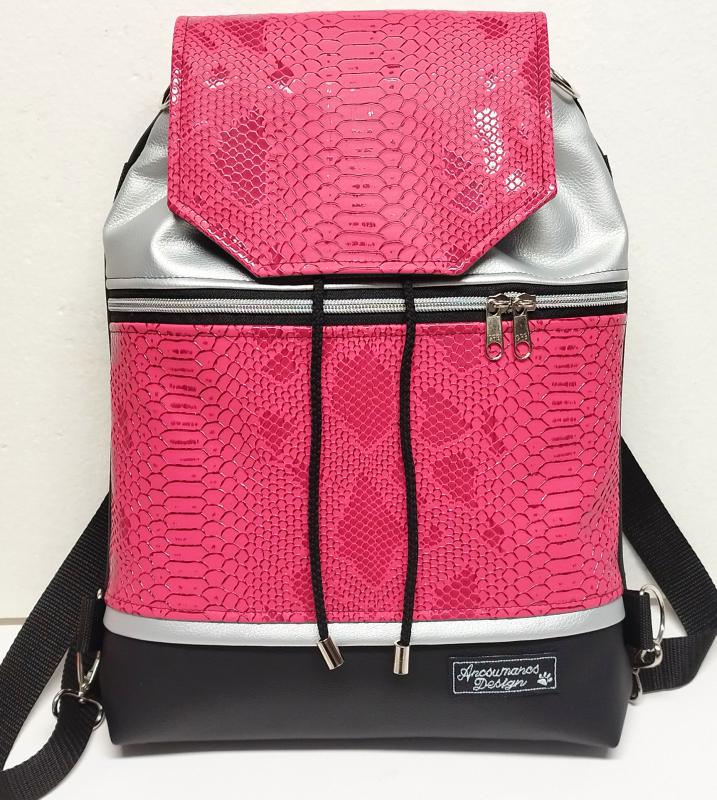 Fedélrészes zsinóros 3in1 hátizsák univerzális táska - Pink hüllő - fekete - ezüst