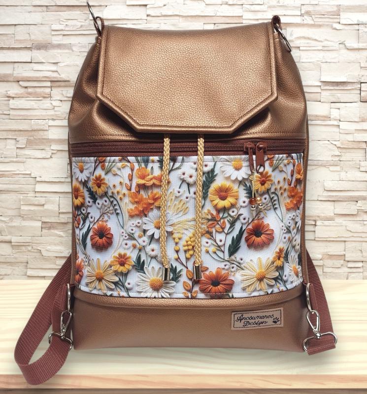 Fedélrészes zsinóros 3in1 hátizsák univerzális táska - Színpompás virágok bronz barna alapon