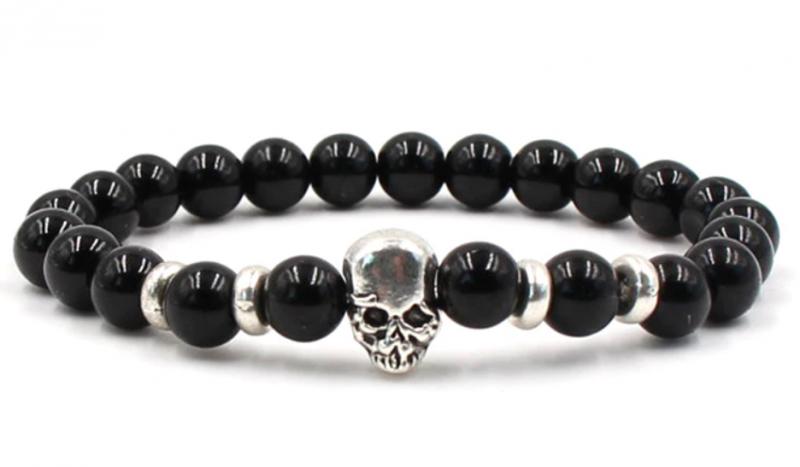 Fekete ónix ásványkarkötő tibeti ezüsttel és koponya dísszel