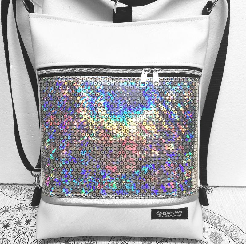 Flitter hologramos 3in1 hátizsák univerzális táska-fehér