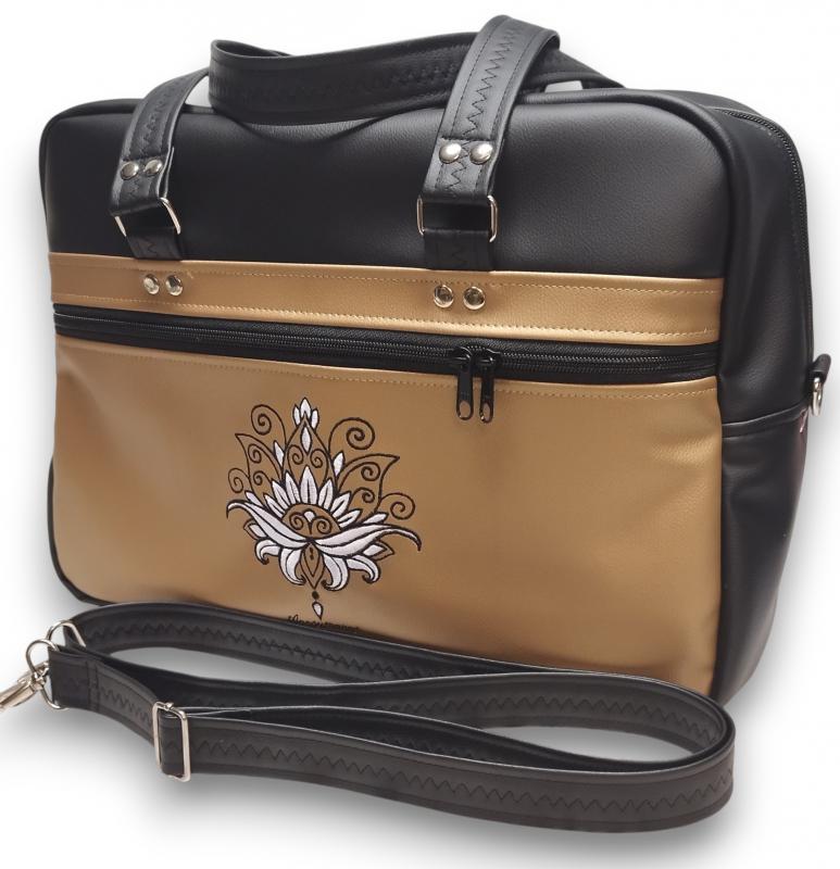 Fly Bag utazótáska kézipoggyász repülős méret 40x30x18 Lótuszvirág fekete és óarany alapon