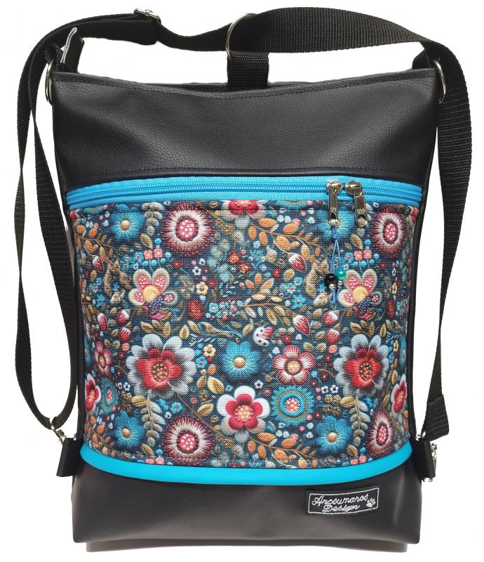 Folk virágok 3in1 textilbőr hátizsák  fekete alap türkíz díszítéssel