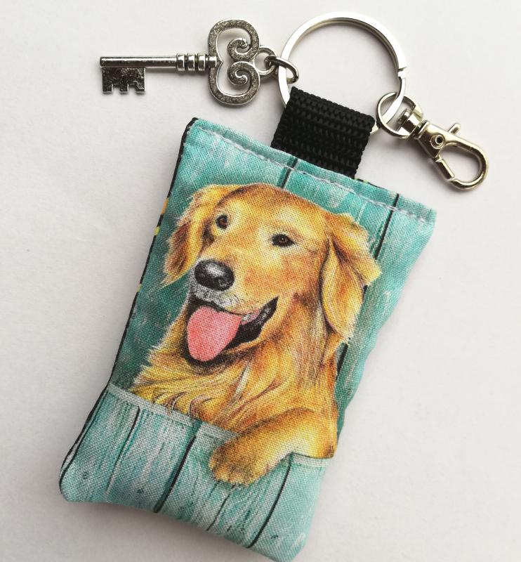 Golden retriever kutyás textil kulcstartó karikával karabinerrel kulcs fityegővel