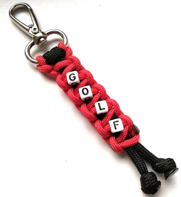 GOLF feliratos paracord  slusszkulcsdísz kulcstartó karabinerrel Fekete-piros,fekete-fehér betükkel