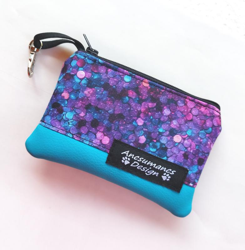 Happiness Textilbőr kulcscsomótartó, aprótartó, kártyatartó Lila magenta flitterek türkizzel