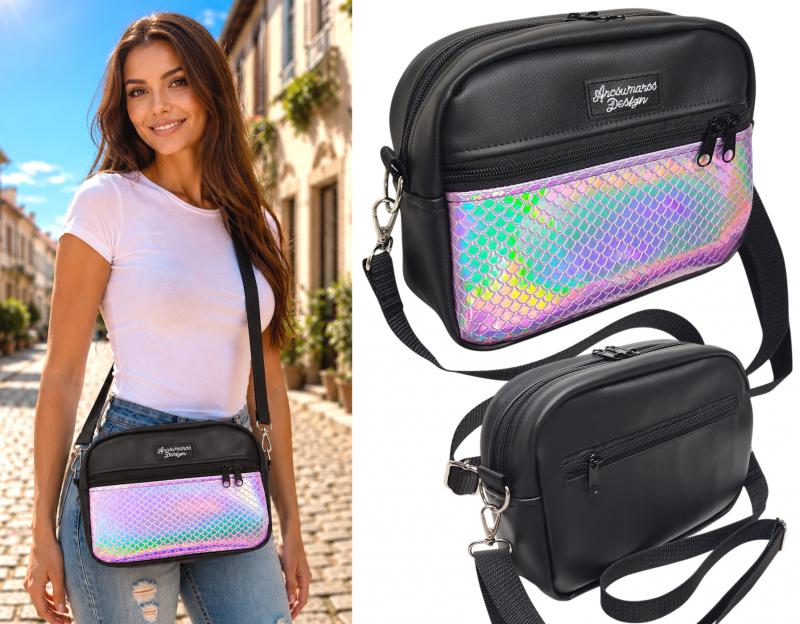 Helena crossbody oldaltáska testtáska övtáska 22x17x7cm - Fekete alapon Rose sellőhologramos