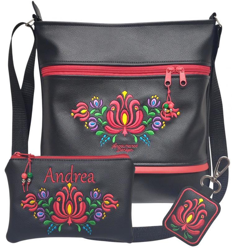 Hímzett 30x30-as Matyó virágos pakolós szett HungarianFolkart28 táska+neves pénztárcával+kulcstartó