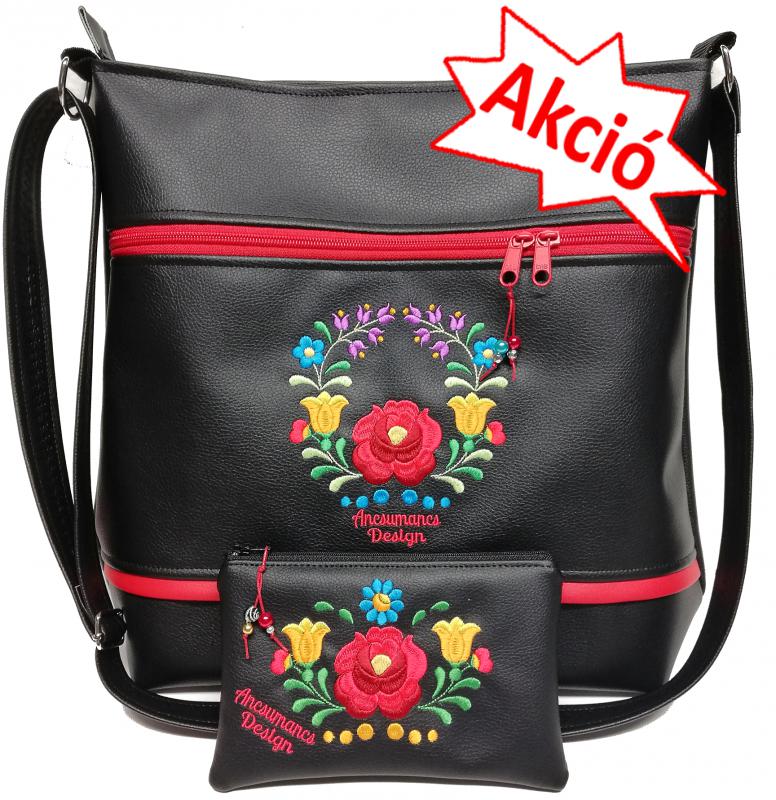 Hímzett 35x36-os nagy csini pakolós táska szett fekete HungarianFolkart05 neszivel