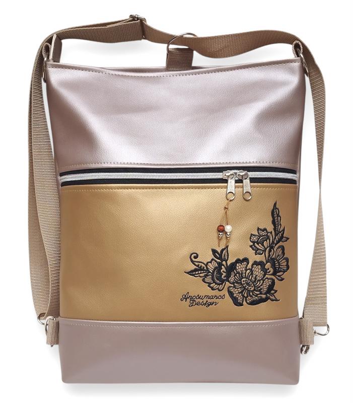 Hímzett 3in1 hátizsák univerzális táska FantasyFlower007 Gyöngyházpúder-óarany
