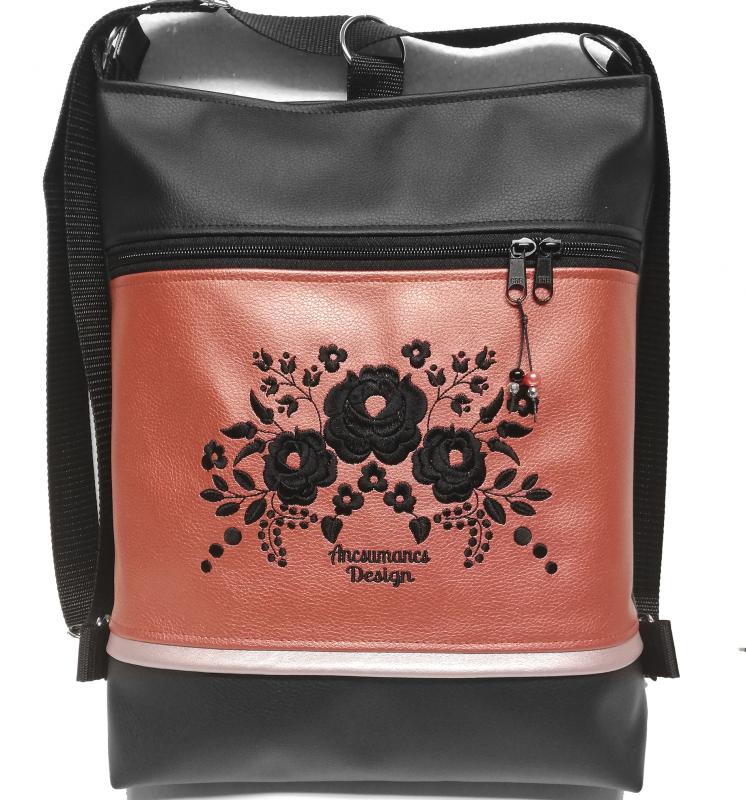 Hímzett 3in1 hátizsák univerzális táska Hungarian Folkart08 Fekete-metál terrakotta