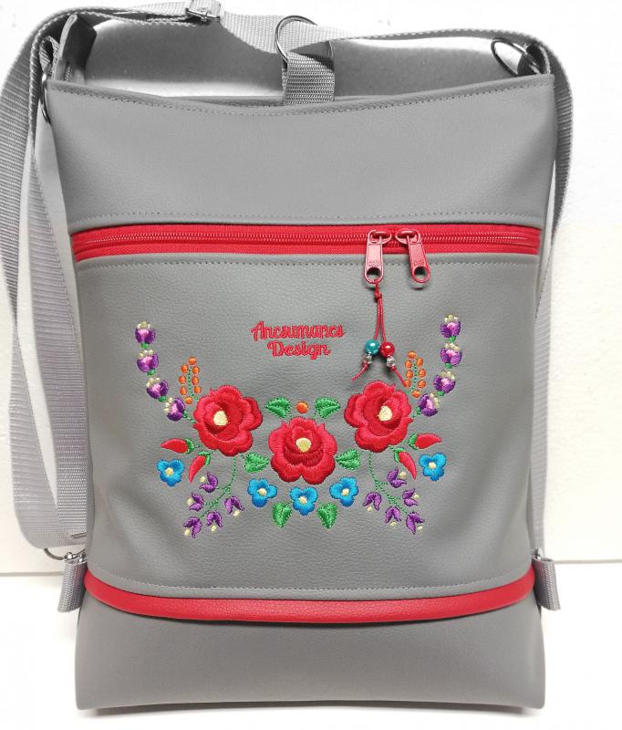 Hímzett 3in1 hátizsák univerzális táska Hungarian Folkart15 szürke alap színes hímzéssel