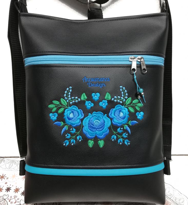 Hímzett 3in1 hátizsák univerzális táska HungarianFolkart12 fekete alap türkíz hímzéssel