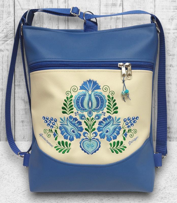 Hímzett 3in1 hátizsák univerzális táska mosolyvonalas kék-világos bézs - Hungarian Extra 002