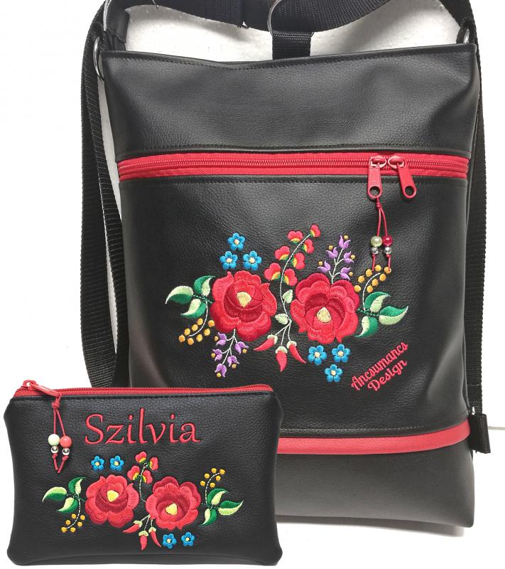 Hímzett 3in1 Kalocsai virágos szett Hungarian Folkart07 táska+neves pénztárca